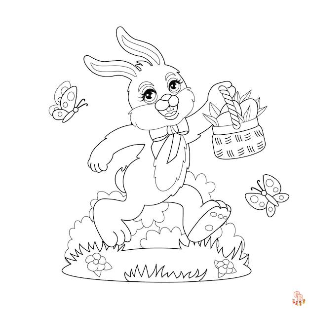 Coloriage Lapin Dessin animé, Pâques, réaliste, sautant, mignon, avec fleurs