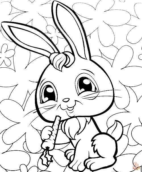 Coloriage Lapin Dessin animé, Pâques, réaliste, sautant, mignon, avec fleurs