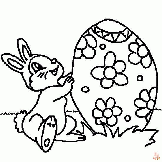 Coloriage Lapin Dessin animé, Pâques, réaliste, sautant, mignon, avec fleurs