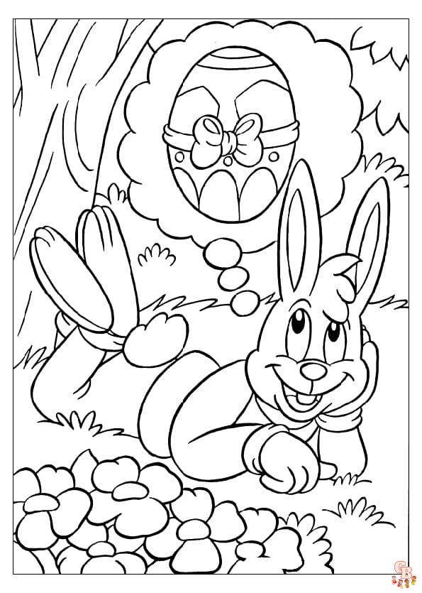 Coloriage Lapin Dessin animé, Pâques, réaliste, sautant, mignon, avec fleurs