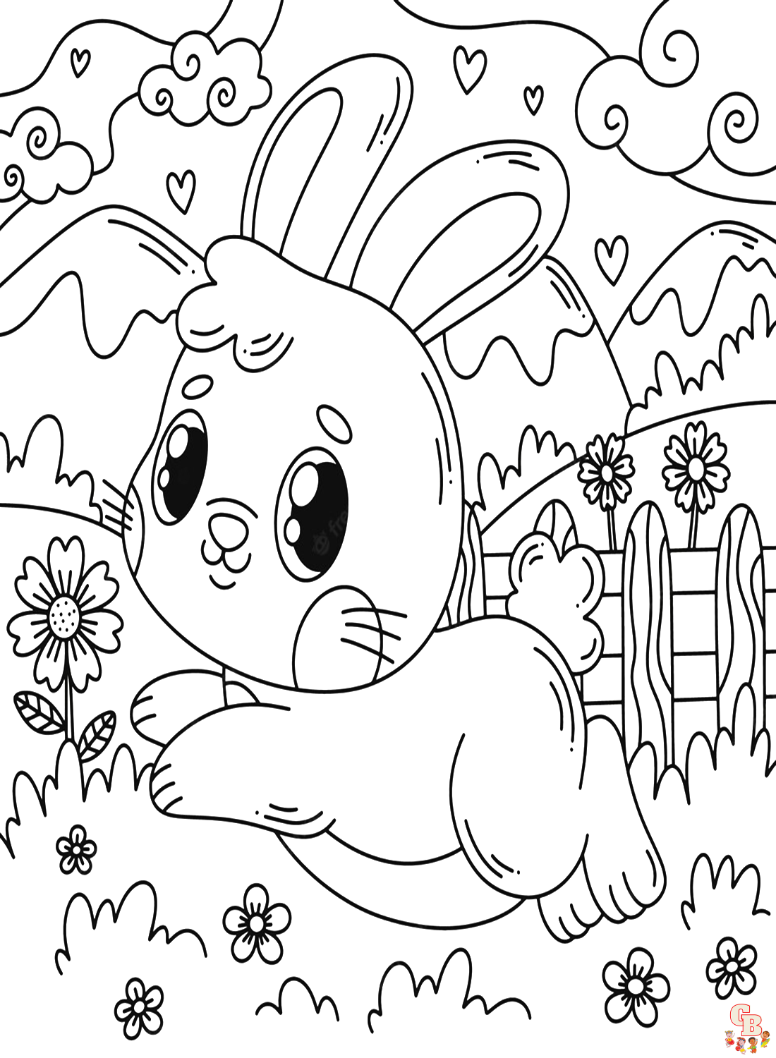 Coloriage Lapin Dessin animé, Pâques, réaliste, sautant, mignon, avec fleurs