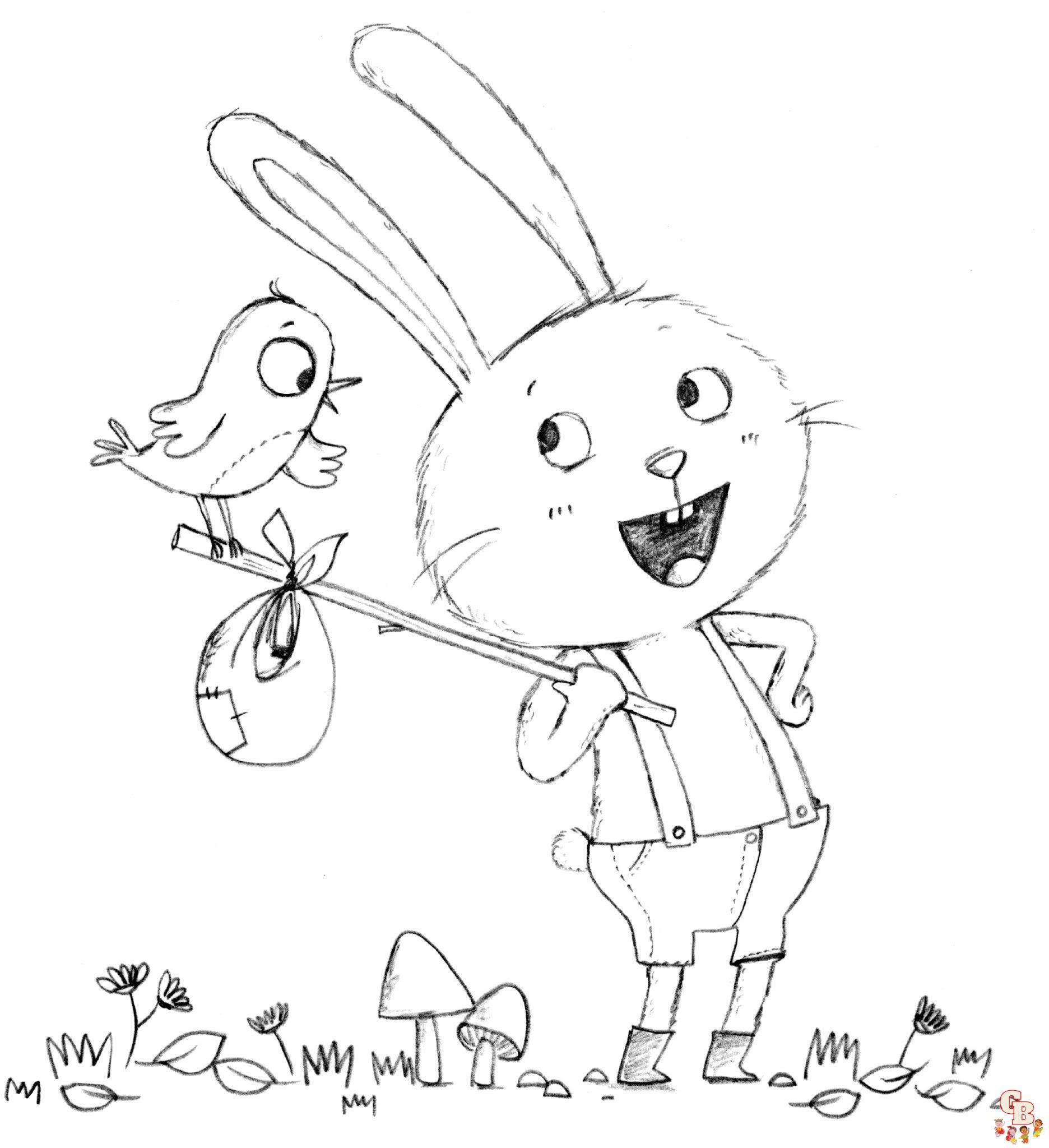 Coloriage Lapin Dessin animé, Pâques, réaliste, sautant, mignon, avec fleurs