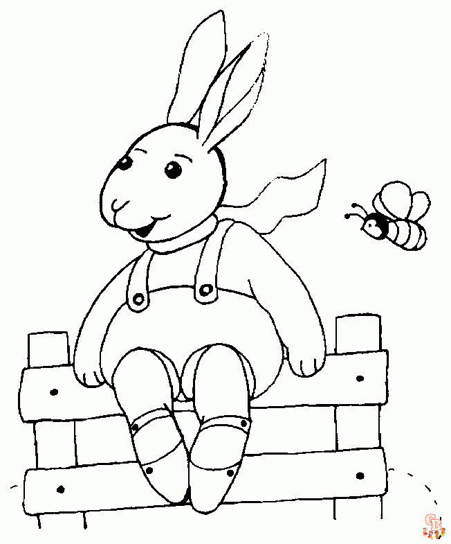 Coloriage Lapin Dessin animé, Pâques, réaliste, sautant, mignon, avec fleurs