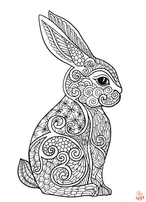 Coloriage Lapin Dessin animé, Pâques, réaliste, sautant, mignon, avec fleurs