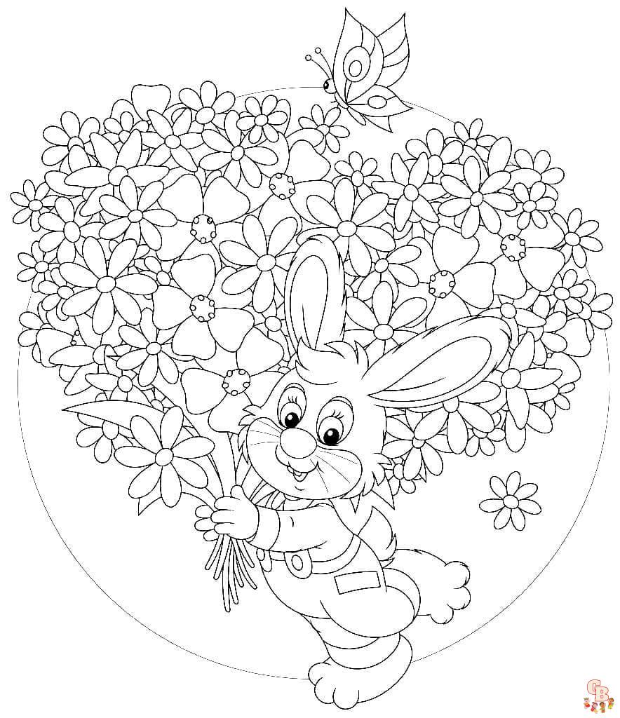 Coloriage Lapin Dessin animé, Pâques, réaliste, sautant, mignon, avec fleurs