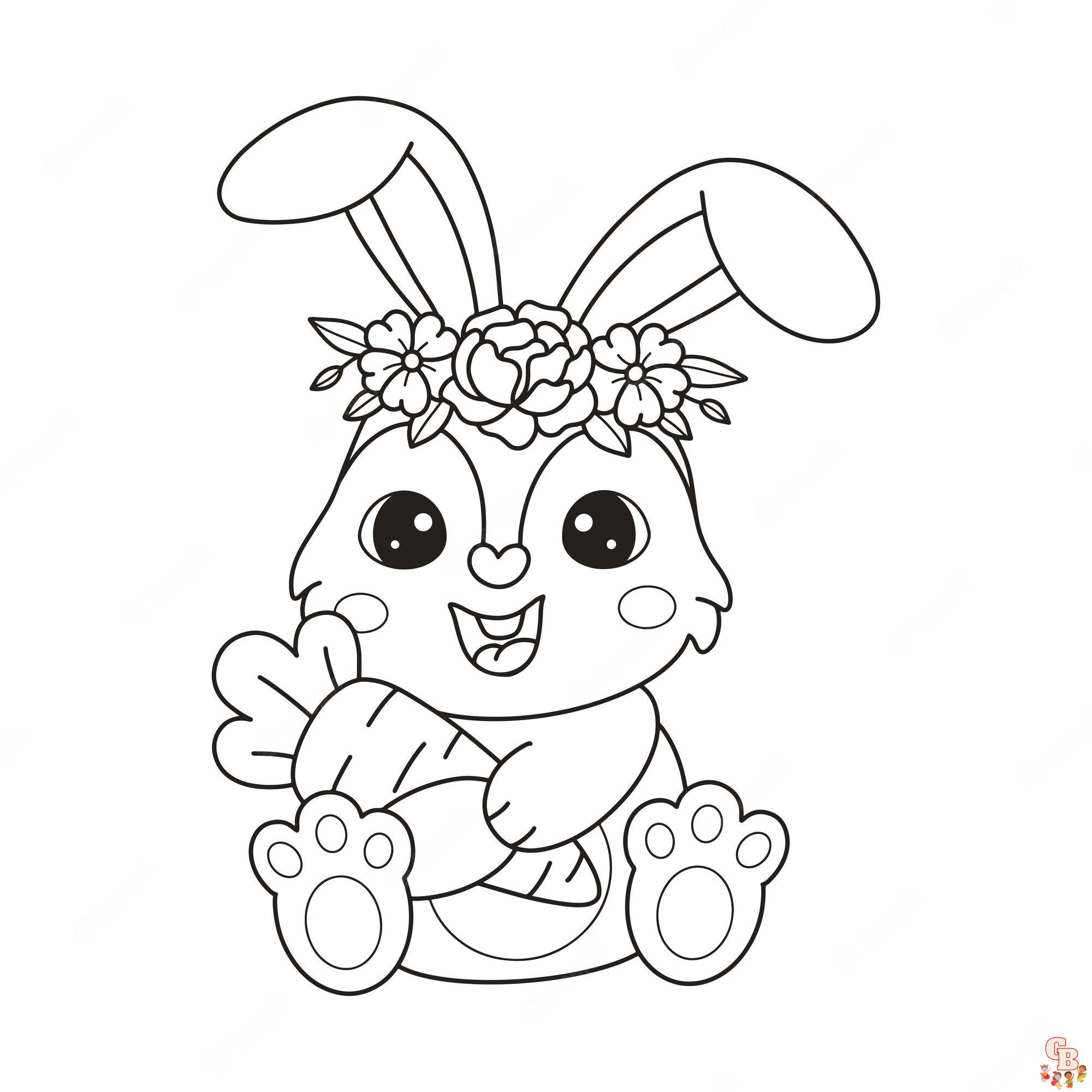 Coloriage Lapin Dessin animé, Pâques, réaliste, sautant, mignon, avec fleurs