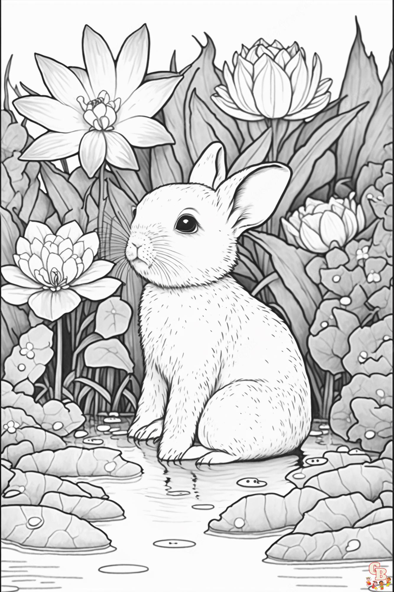 Coloriage Lapin Dessin animé, Pâques, réaliste, sautant, mignon, avec fleurs