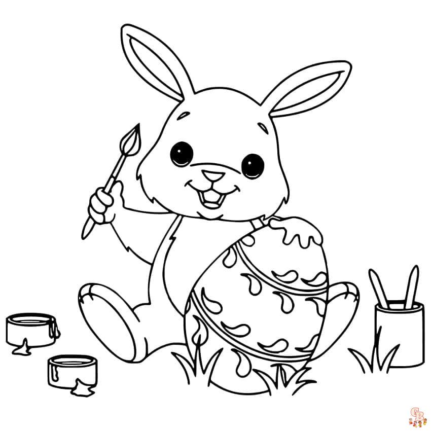 Coloriage Lapin Dessin animé, Pâques, réaliste, sautant, mignon, avec fleurs