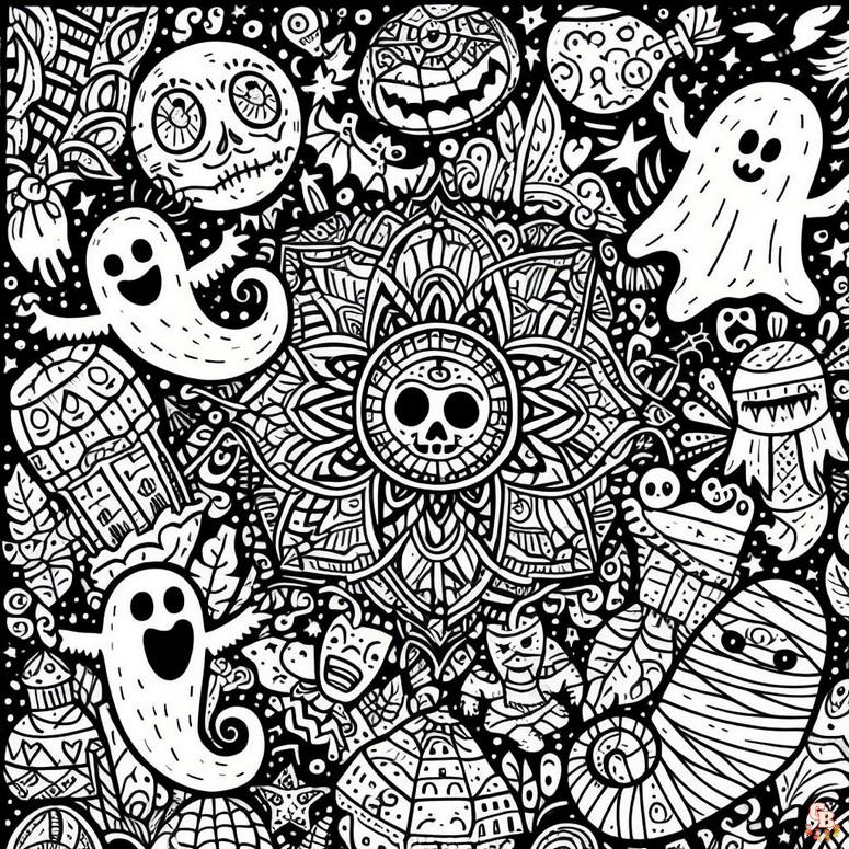 Coloriage Mandala dHalloween avec des fantomes