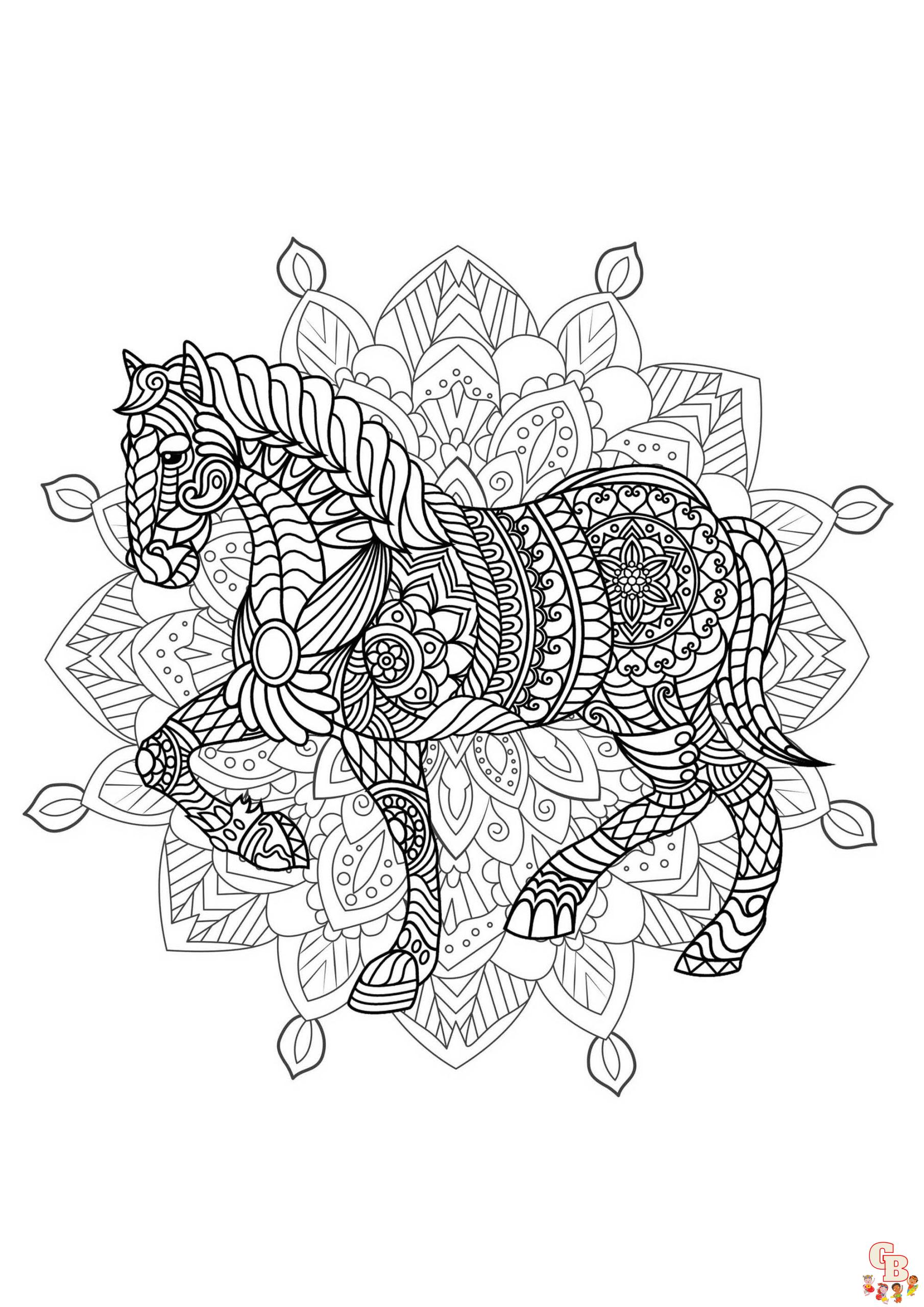 Coloriage mandala cheval zodiaque chinois