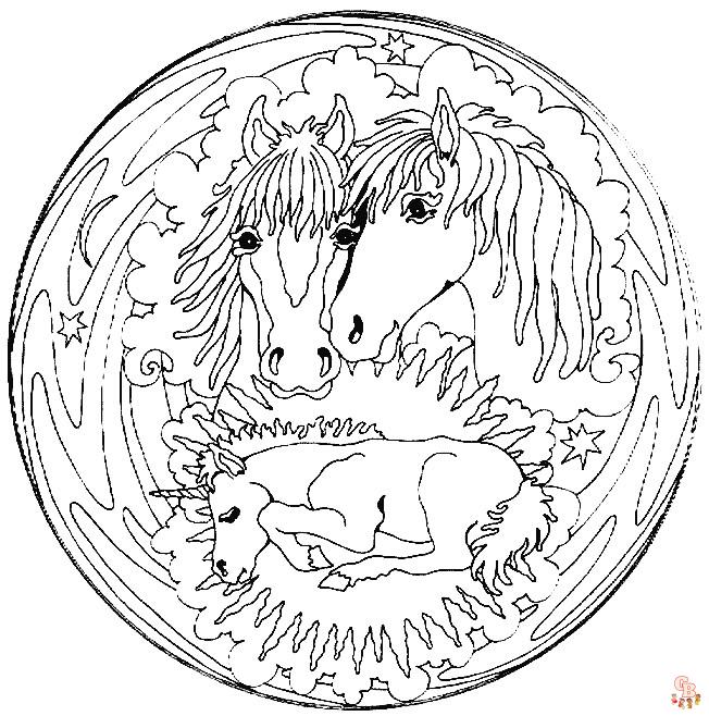 Coloriage mandala cheval zodiaque chinois